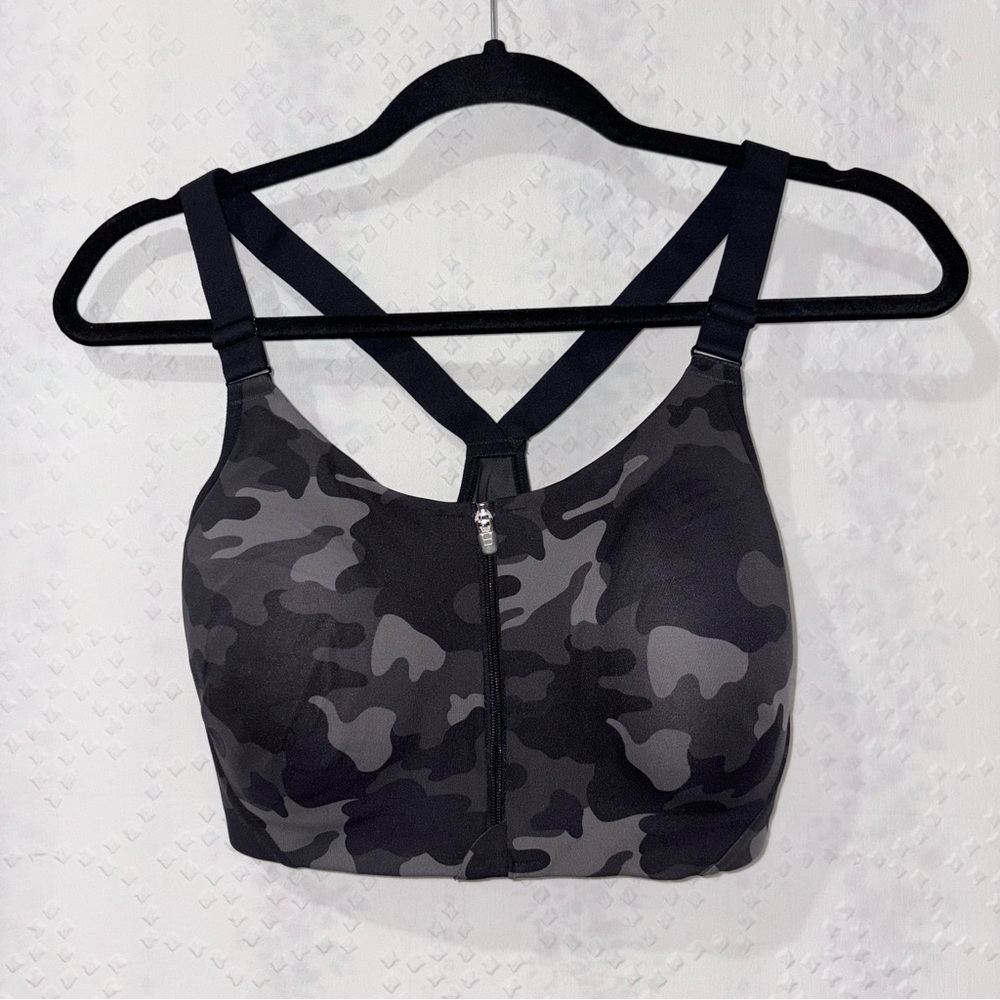 Camo Sports Bra 36D Zip Front High Impact Racerback Workout Athletic